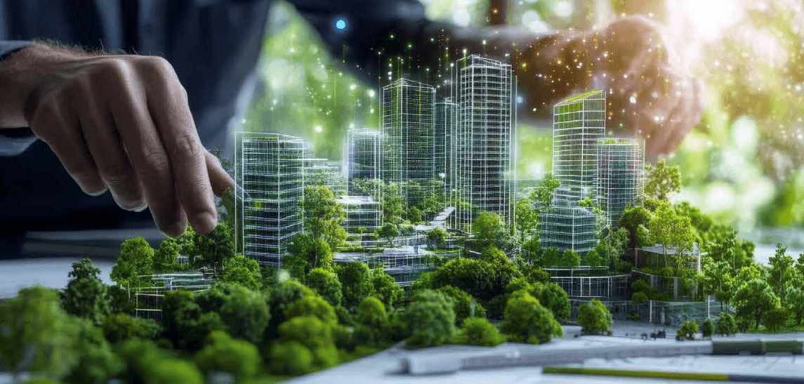 Architectural model with greenery and buildings