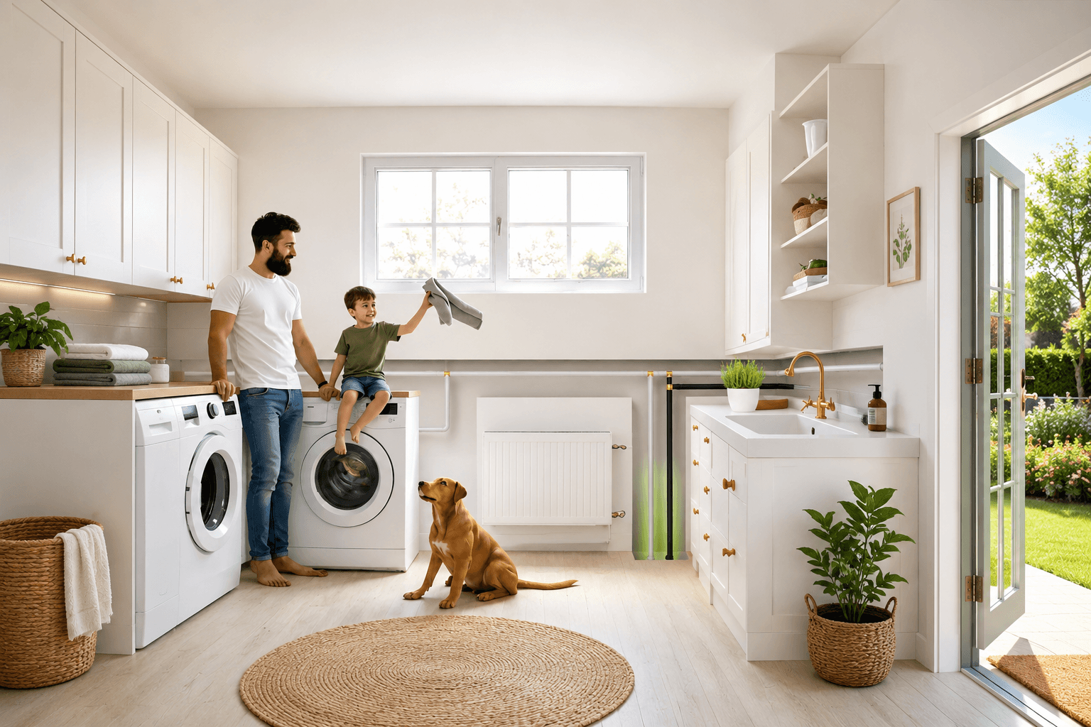 Father and son in laundry room