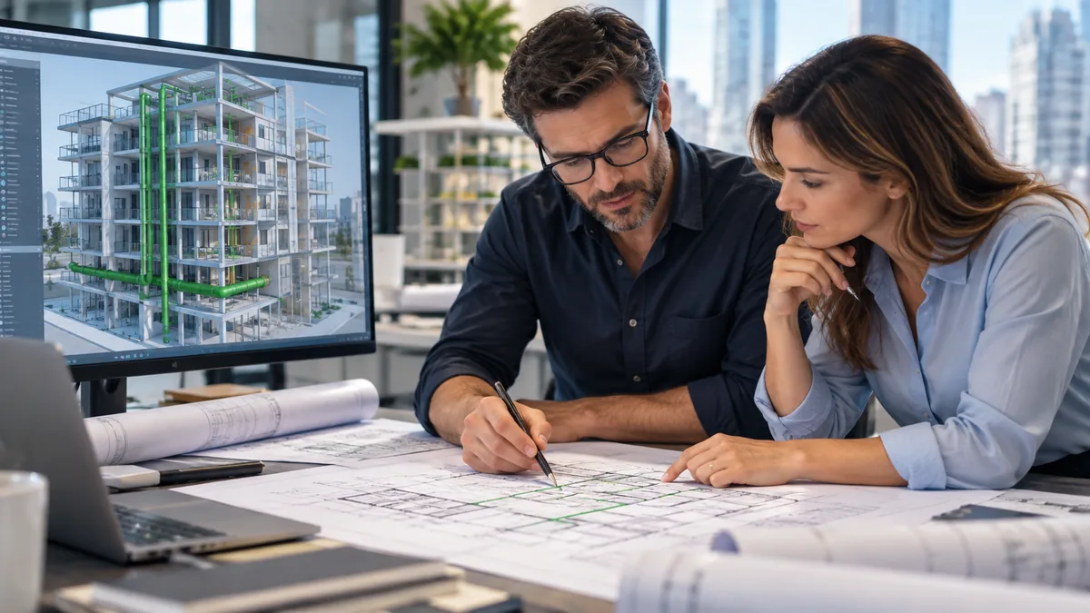 Engineers reviewing a drainage layout drawing beside a 3D building model showing the vertical drainage risers